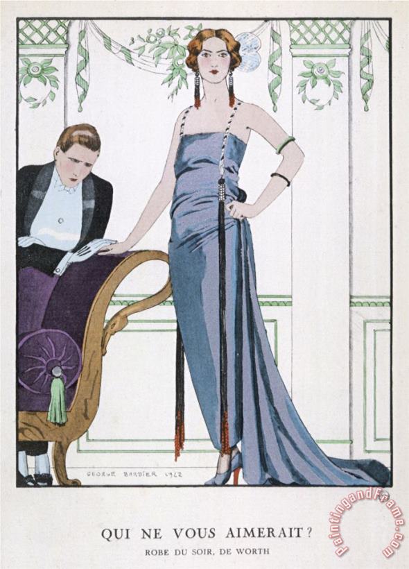 Tubular Grey Evening Gown by Worth with Any Fullness Drawn Over One Hip painting - Georges Barbier Tubular Grey Evening Gown by Worth with Any Fullness Drawn Over One Hip Art Print