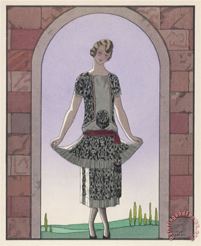 Tunic Dress by Worth in an Ornate Monochrome Print with Red Detailing Plain Central Panel painting - Georges Barbier Tunic Dress by Worth in an Ornate Monochrome Print with Red Detailing Plain Central Panel Art Print