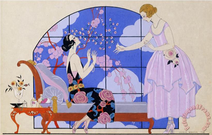 Two Ladies in a Salon 1924 painting - Georges Barbier Two Ladies in a Salon 1924 Art Print