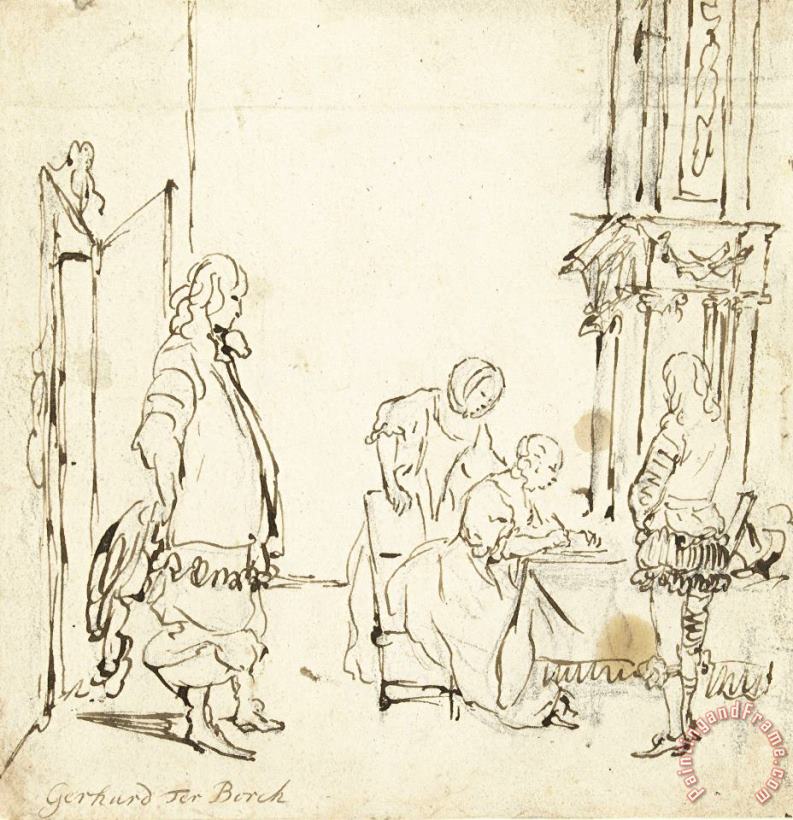 Gerard ter Borch Interieur Met Een Briefschrijvende Vrouw, Een Wachtende Man En Twee Toeschouwers Art Print