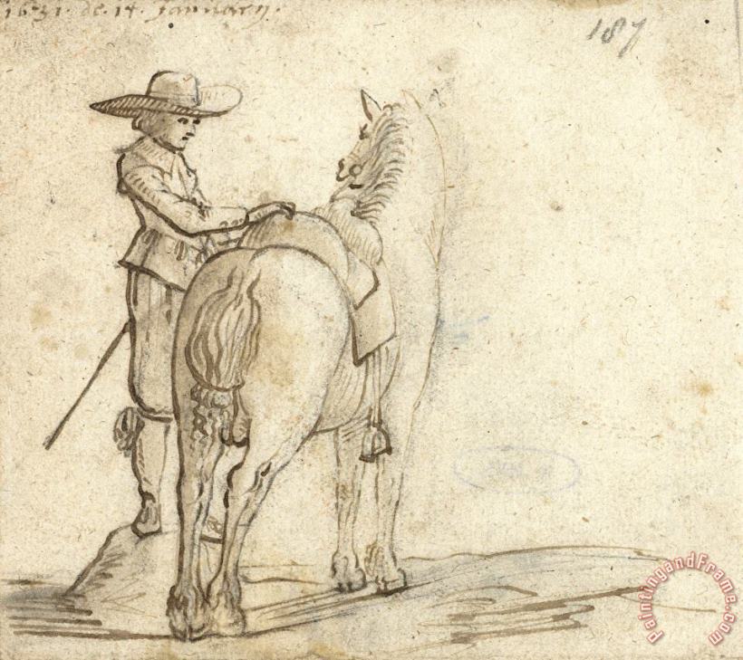 Man Die Het Zadel Van Een Paard Verschikt painting - Gerard ter Borch Man Die Het Zadel Van Een Paard Verschikt Art Print