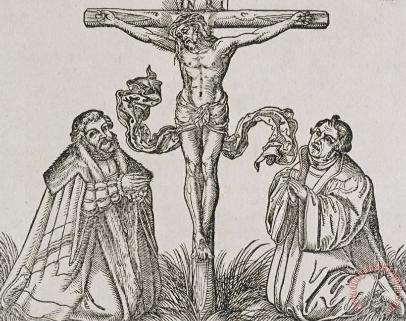 Martin Luther And Frederick IIi Of Saxony Kneeling Before Christ On The Cross painting - German School Martin Luther And Frederick IIi Of Saxony Kneeling Before Christ On The Cross Art Print