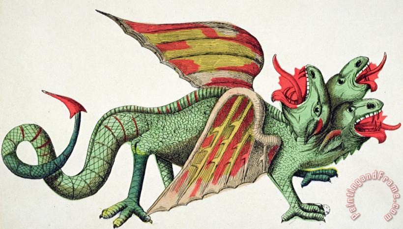 German School Three Headed Dragon Spitting Fire Art Print