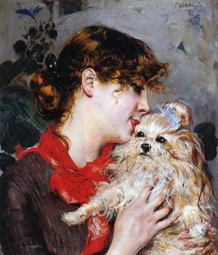 The actress Rejane and her dog painting - Giovanni Boldini The actress Rejane and her dog Art Print