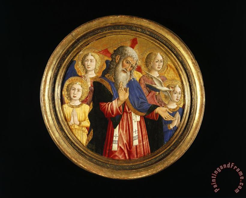 God The Father with Four Angels And The Dove of The Holy Spirit painting - Giovanni Francesco da Rimini God The Father with Four Angels And The Dove of The Holy Spirit Art Print