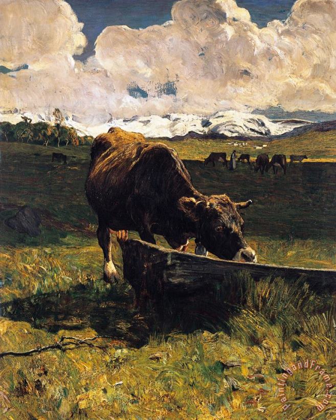 Giovanni Segantini Brown Cow At Trough Art Painting