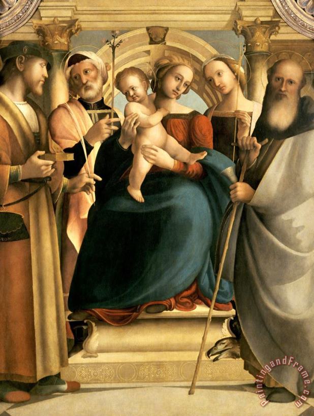 Madonna Enthroned with Christ Child And Saints Pantaleon, Joseph, Prisca, And Anthony Abbot painting - Girolamo Genga Madonna Enthroned with Christ Child And Saints Pantaleon, Joseph, Prisca, And Anthony Abbot Art Print