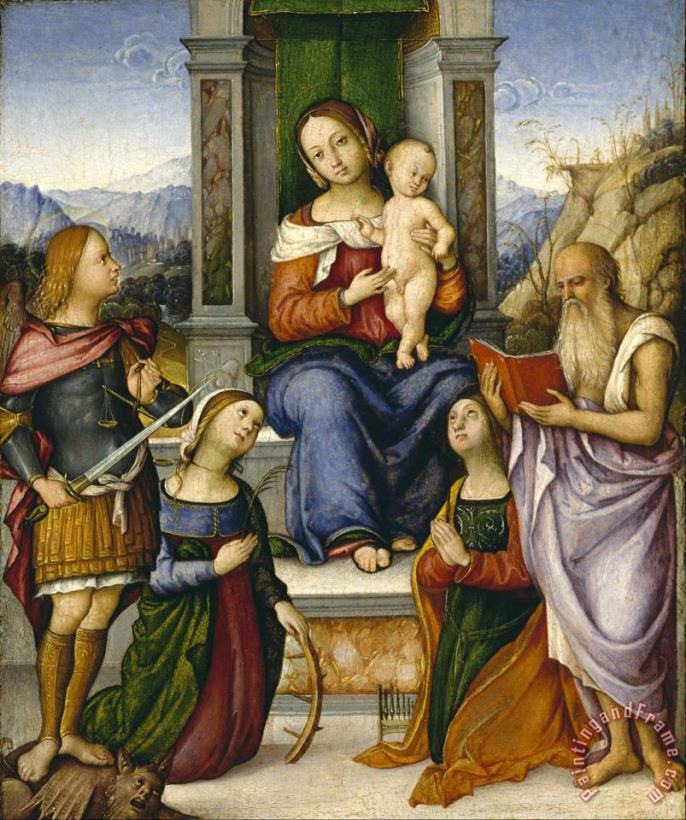 The Virgin And Child Enthroned with Saints Michael, Catherine of Alexandria, Cecilia, And Jerome painting - Girolamo Marchesi The Virgin And Child Enthroned with Saints Michael, Catherine of Alexandria, Cecilia, And Jerome Art Print