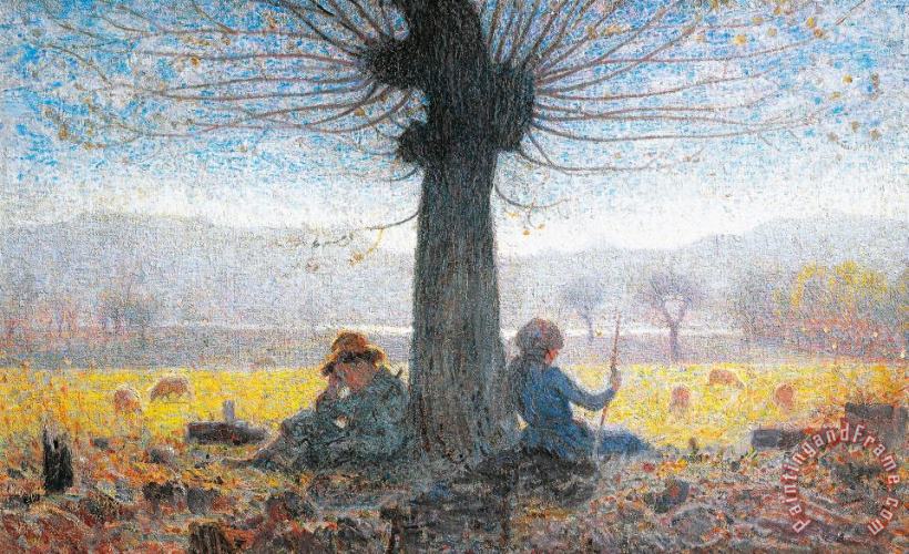 Two Shepherds On The Fields Of Mongini painting - Giuseppe Pelizza da Volpedo Two Shepherds On The Fields Of Mongini Art Print