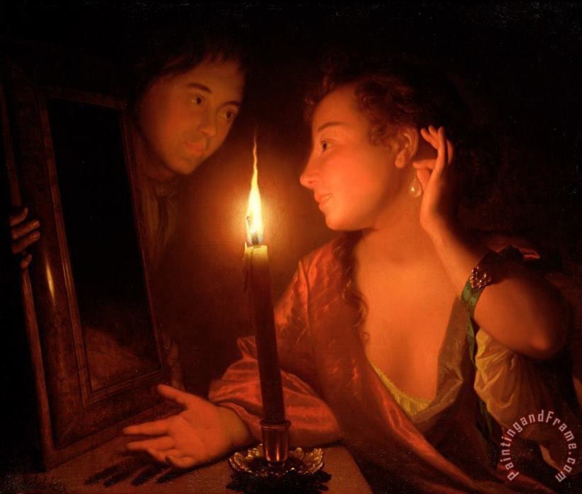 Godfried Schalcken A Lady Admiring An Earring by Candlelight Art Painting