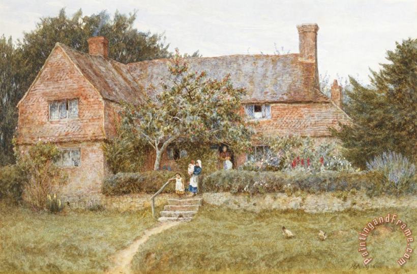 Helen Allingham A Surrey Cottage with a Mother and her Children Art Print
