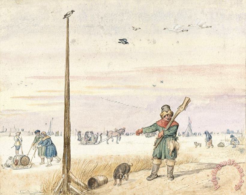 Hendrick Avercamp Duck Hunter with Game in His Belt on The Edge of a Frozen River Art Painting