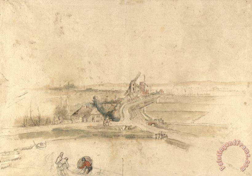 Flat Landscape with Houses And Two Windmills by a Road painting - Hendrick Avercamp Flat Landscape with Houses And Two Windmills by a Road Art Print