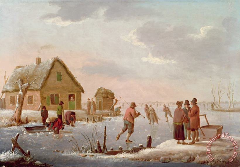 Hendrik Willem Schweickardt Figures Skating in a Winter Landscape Art Painting