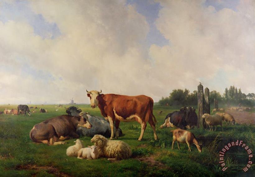 Hendrikus van de Sende Baachyssun Animals Grazing in a Meadow Art Painting