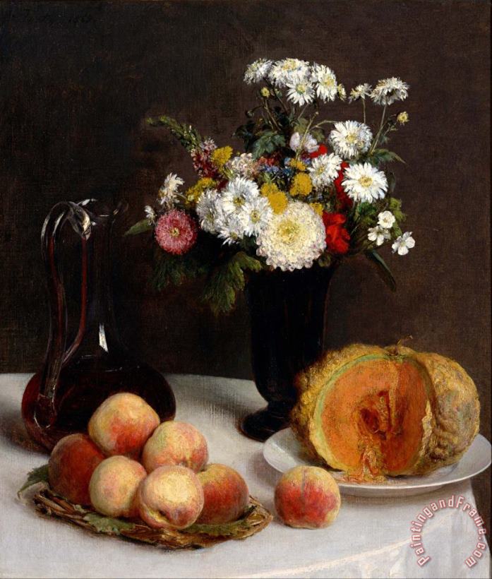 Henri Fantin Latour Still Life with a Carafe, Flowers And Fruit Art Painting