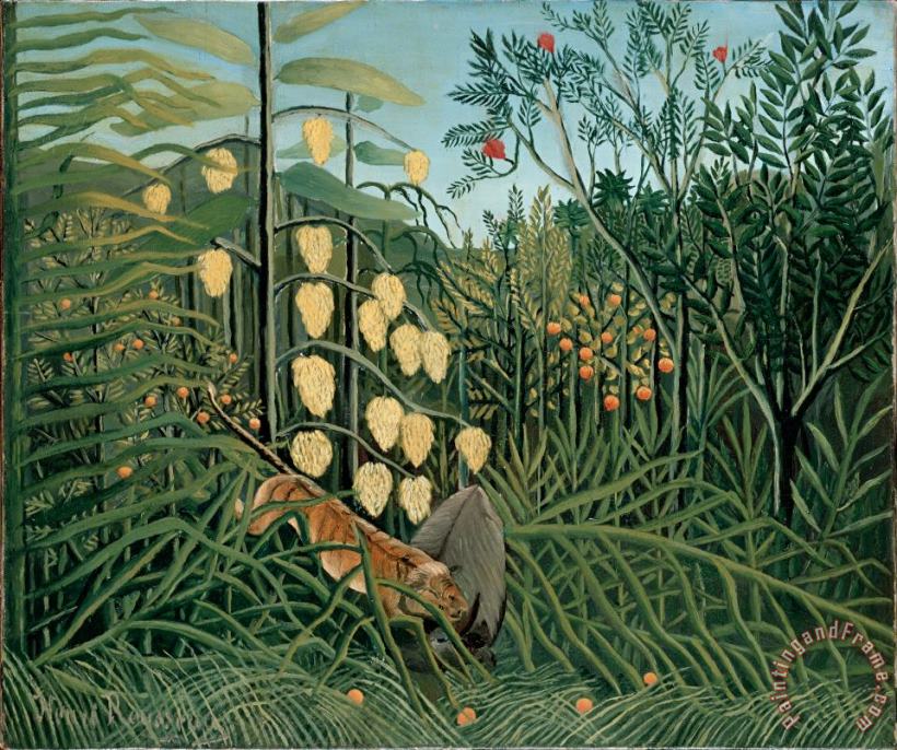 Henri Rousseau In a Tropical Forest. Struggle Between Tiger And Bull Art Painting