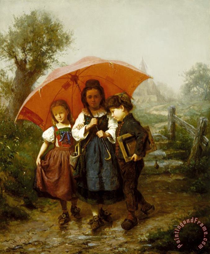 Henry Mosler Children Under a Red Umbrella Art Painting