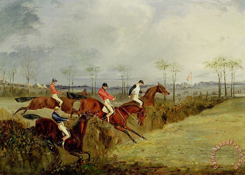 A Steeplechase - Taking a Hedge and Ditch painting - Henry Thomas Alken A Steeplechase - Taking a Hedge and Ditch Art Print