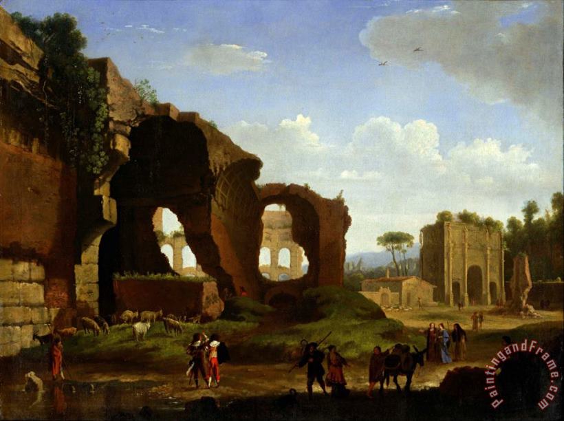 A Roman View of The Ruins of The Temple of Venus And Rome with The Colosseum And The Arch of Constan... painting - Herman Van Swanevelt A Roman View of The Ruins of The Temple of Venus And Rome with The Colosseum And The Arch of Constan... Art Print