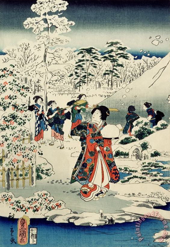 Hiroshige Maids in a snow covered garden Art Print