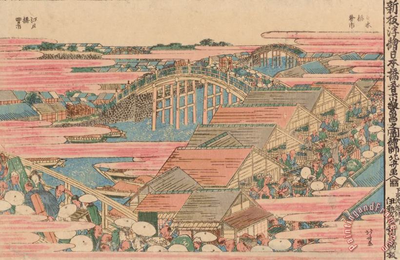 Hokusai Fish Market By River In Edo At Nihonbashi Bridge Art Painting