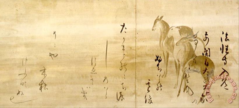 Honami Koetsu Calligraphy of Poems From The Shinkokin Wakashu on Paper Decorated with Deer Art Painting