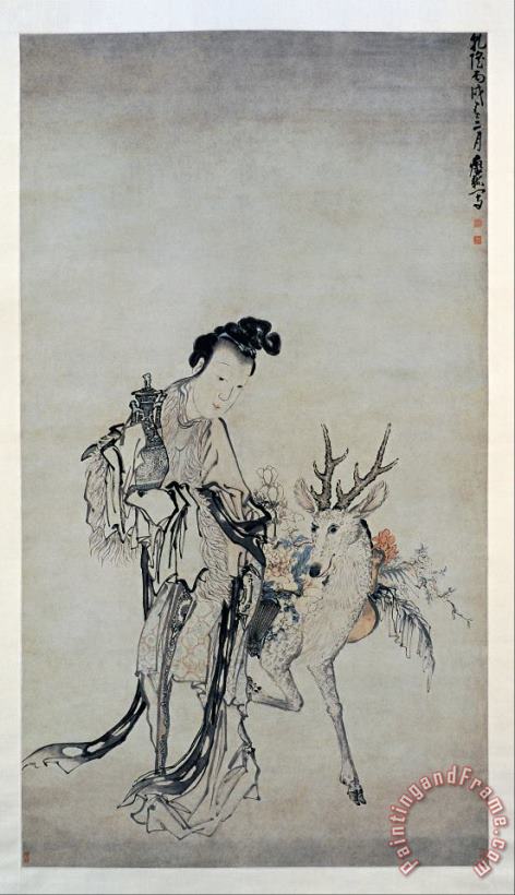 Huang Shen Ma Gu Holding a Vase,with a Deer Art Painting