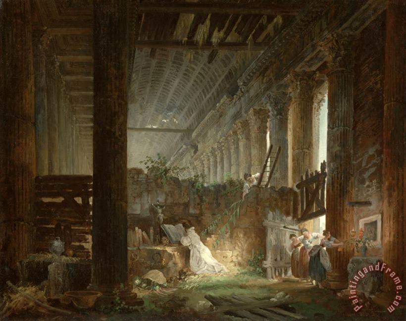 Hubert Robert A Hermit Praying in The Ruins of a Roman Temple Art Painting