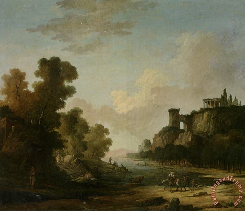 Hubert Robert Figures on The Banks of a Lake with Classical Ruins Art Painting