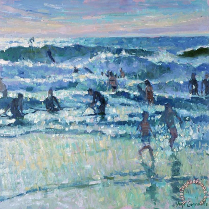 Surfing At Polzeath Evening Light painting - Hugo Grenville Surfing At Polzeath Evening Light Art Print