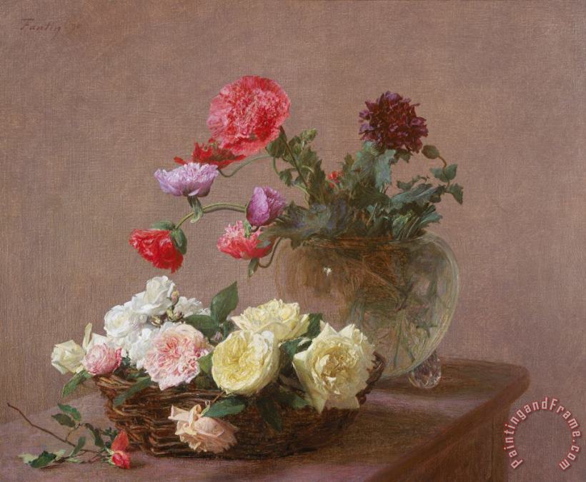 Poppies in a Crystal Vase - or Basket of Roses painting - Ignace Henri Jean Fantin-Latour Poppies in a Crystal Vase - or Basket of Roses Art Print
