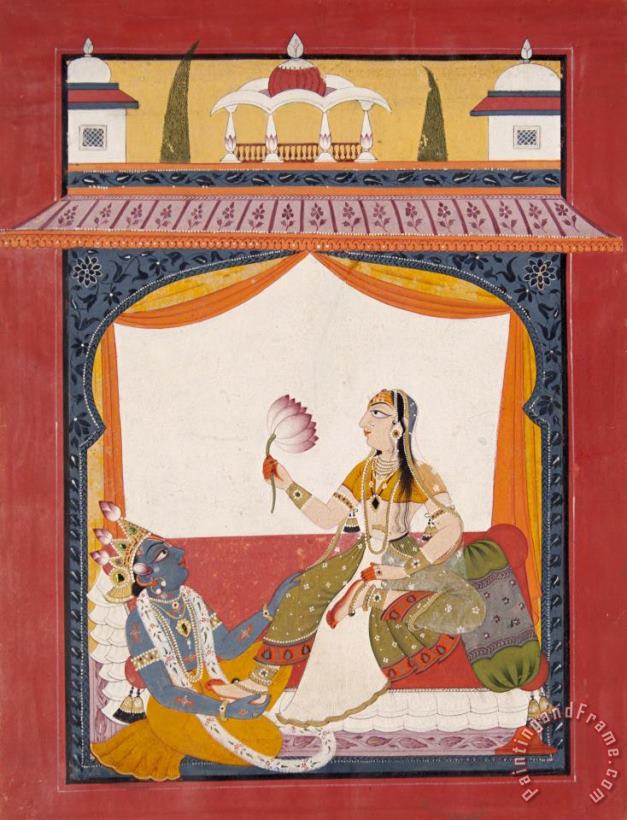 India, Punjab Hills, Mankot School Krishna Massaging The Feet of Radha, a Scene Possibly From The Gita Govinda Art Painting