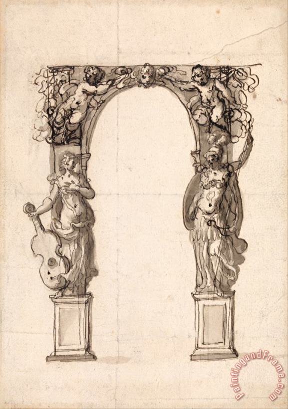 Design for a Temporary Arch Ornamented with Putti And Allegorical Figures of Music And War painting - Inigo Jones Design for a Temporary Arch Ornamented with Putti And Allegorical Figures of Music And War Art Print