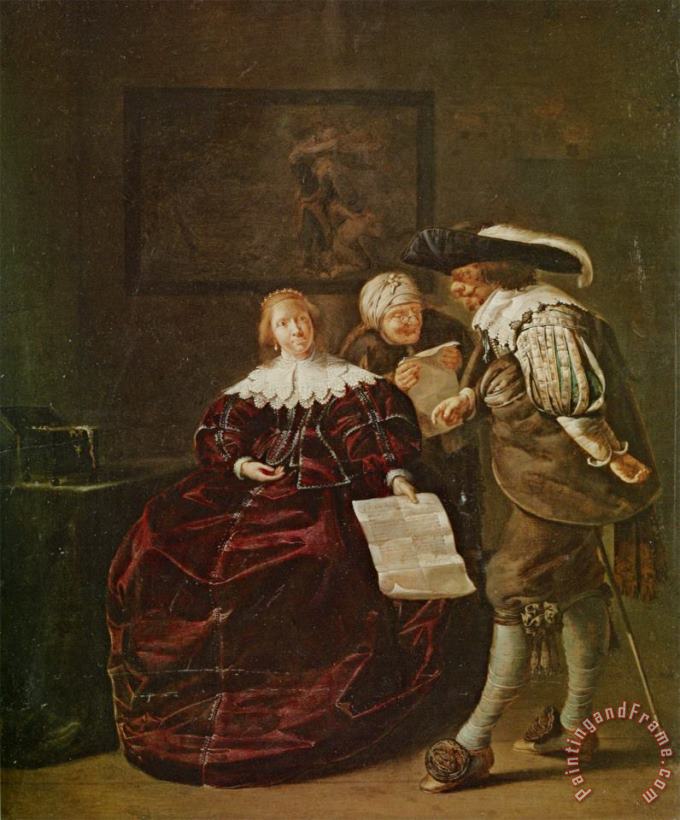 Jacob Duck The Contract a Lady Presenting a Letter to a Gentleman And an Old Lady Studying Another in an Interior Art Painting