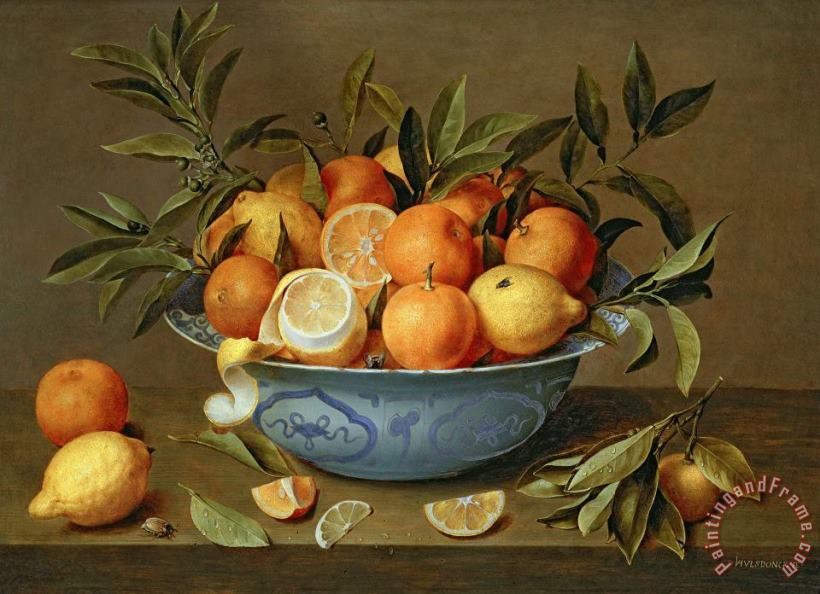Still Life with Oranges and Lemons in a Wan-Li Porcelain Dish painting - Jacob van Hulsdonck Still Life with Oranges and Lemons in a Wan-Li Porcelain Dish Art Print