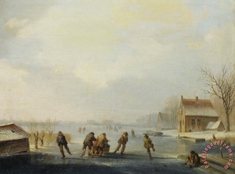 Skaters on a Frozen Waterway painting - Jacobus Van Der Stok Skaters on a Frozen Waterway Art Print