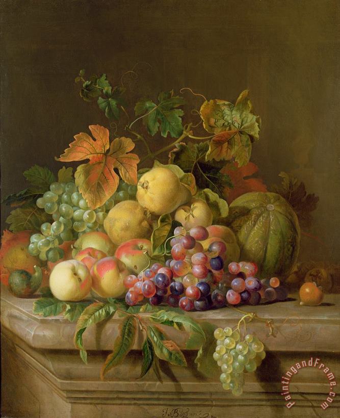 A Still Life of Melons Grapes and Peaches on a Ledge painting - Jakob Bogdani A Still Life of Melons Grapes and Peaches on a Ledge Art Print