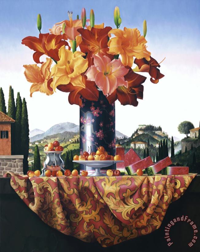 James Aponovich Castello Nuovo: Still Life with Day Lilies And Watermelon Art Painting
