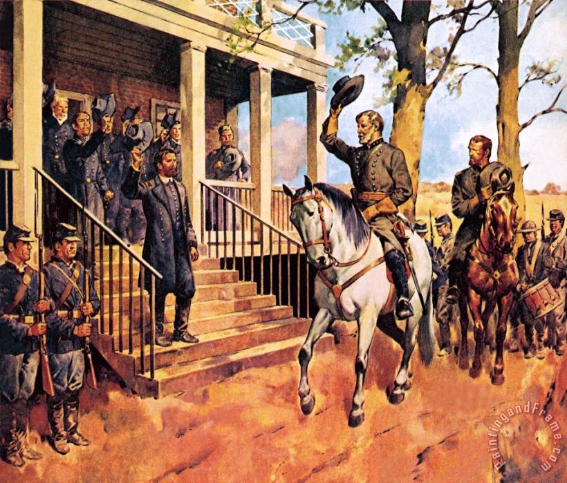 General Lee and his horse 'Traveller' surrenders to General Grant by McConnell painting - James Edwin General Lee and his horse 'Traveller' surrenders to General Grant by McConnell Art Print