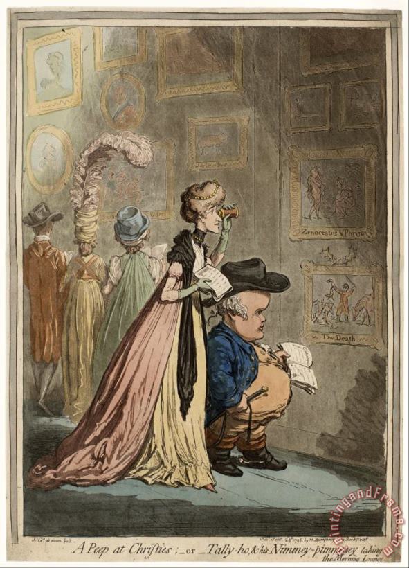 A Peep at Christies; Or Tally Ho, & His Nimeney Pimmeney Taking The Morning Lounge painting - James Gillray A Peep at Christies; Or Tally Ho, & His Nimeney Pimmeney Taking The Morning Lounge Art Print