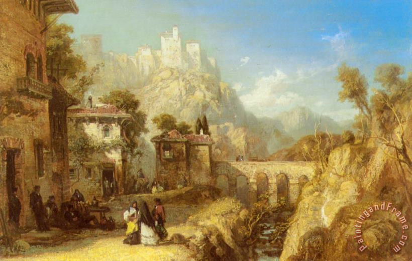 James Webb A Mediterranean Landscape with Villagers Art Painting