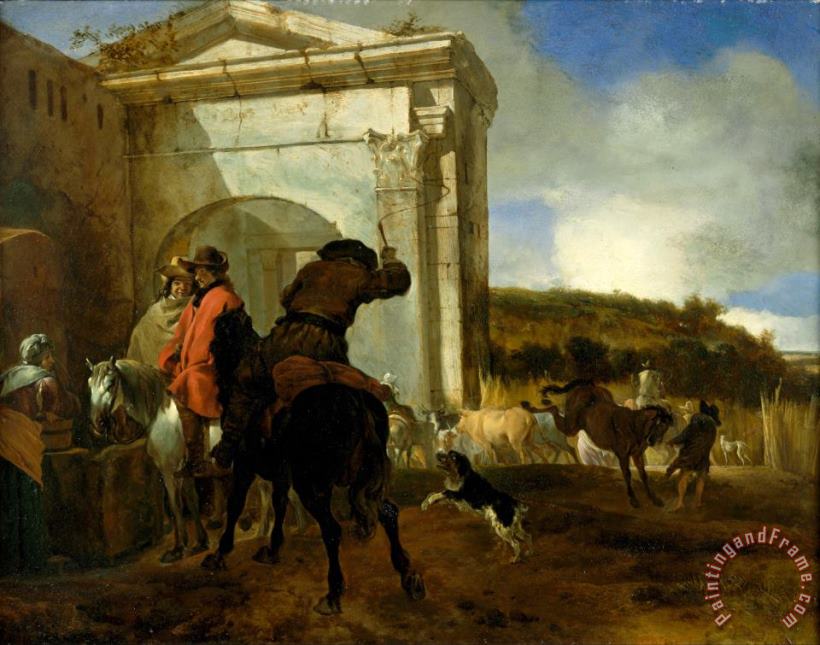 Italian Landscape with Horsemen by a Spring painting - Jan Baptist Weenix Italian Landscape with Horsemen by a Spring Art Print