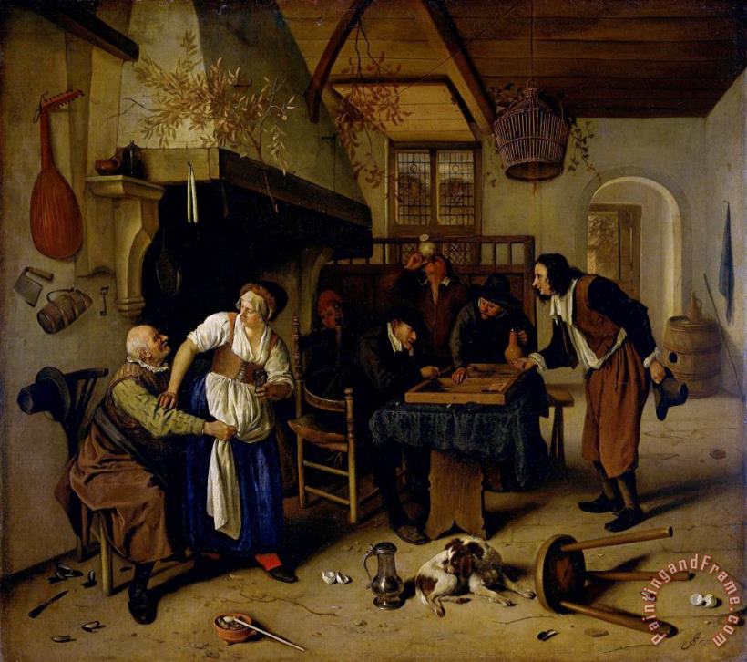 Jan Havicksz Steen Interior of an Inn with an Old Man Amusing Himself with The Landlady And Two Men Playing Backgammon, Known As 'two Kinds of Games' Art Painting