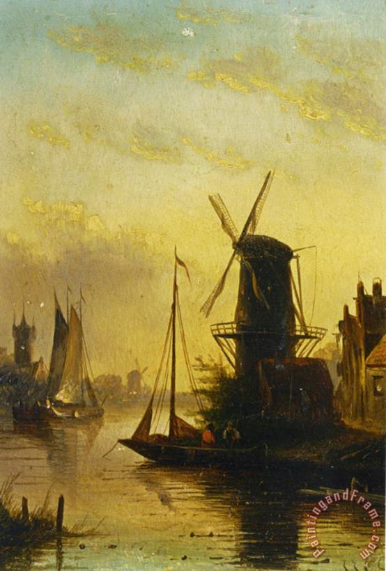 Jan Jacob Coenraad Spohler A Summer Landscape with a Windmill at Sunset Art Painting