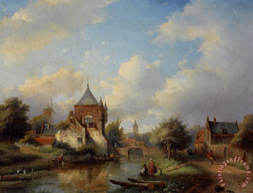 Jan Jacob Coenraad Spohler A Summer Landscape with Figures Along The Riverside Art Painting