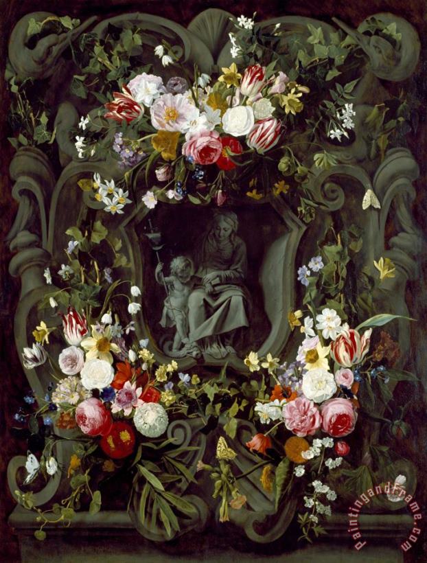 Jan Philip Van Thielen A Stone Cartouche with The Virgin And Child, Encircled by a Garland of Flowers Art Painting