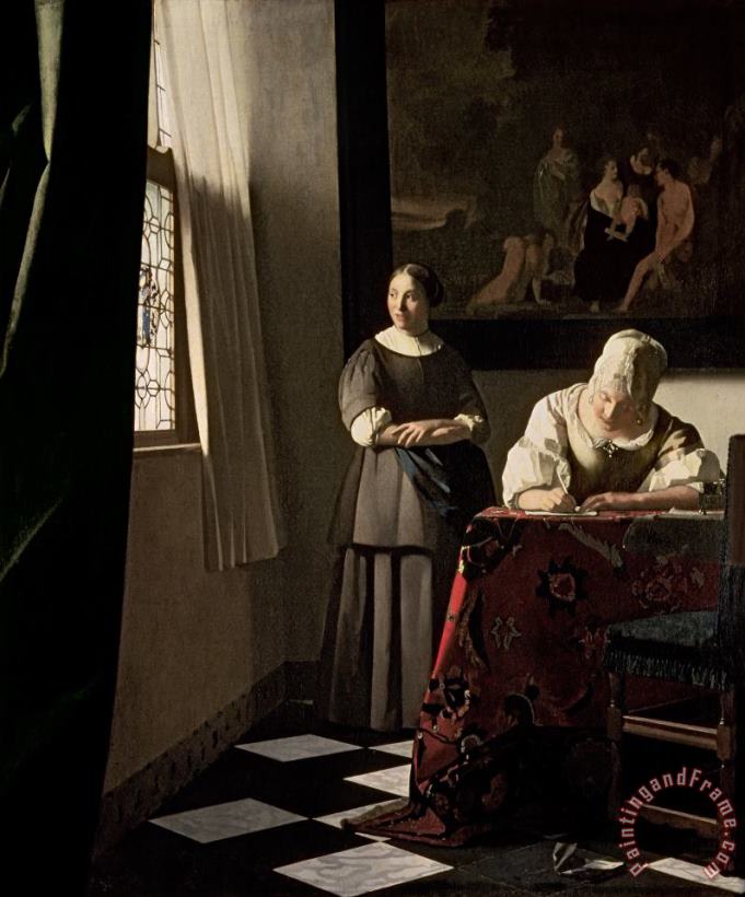 Lady writing a letter with her Maid painting - Jan Vermeer Lady writing a letter with her Maid Art Print