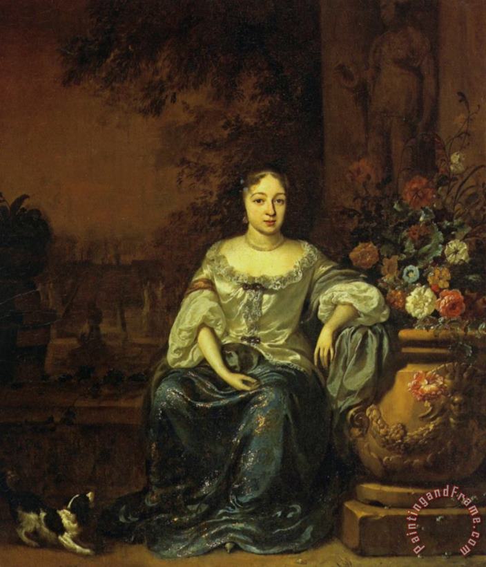 Jan Weenix Portrait of a Lady Seated in a Garden with Her Dog Art Print
