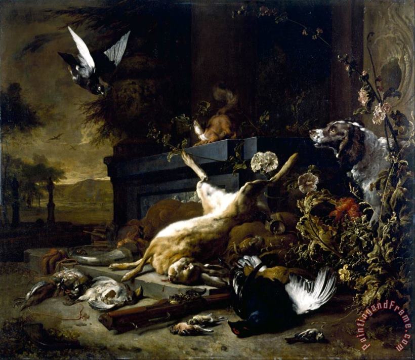 Jan Weenix Still Life of Game Including a Hare, Black Grouse And Partridge, a Spaniel Looking on with a Pigeon Art Print